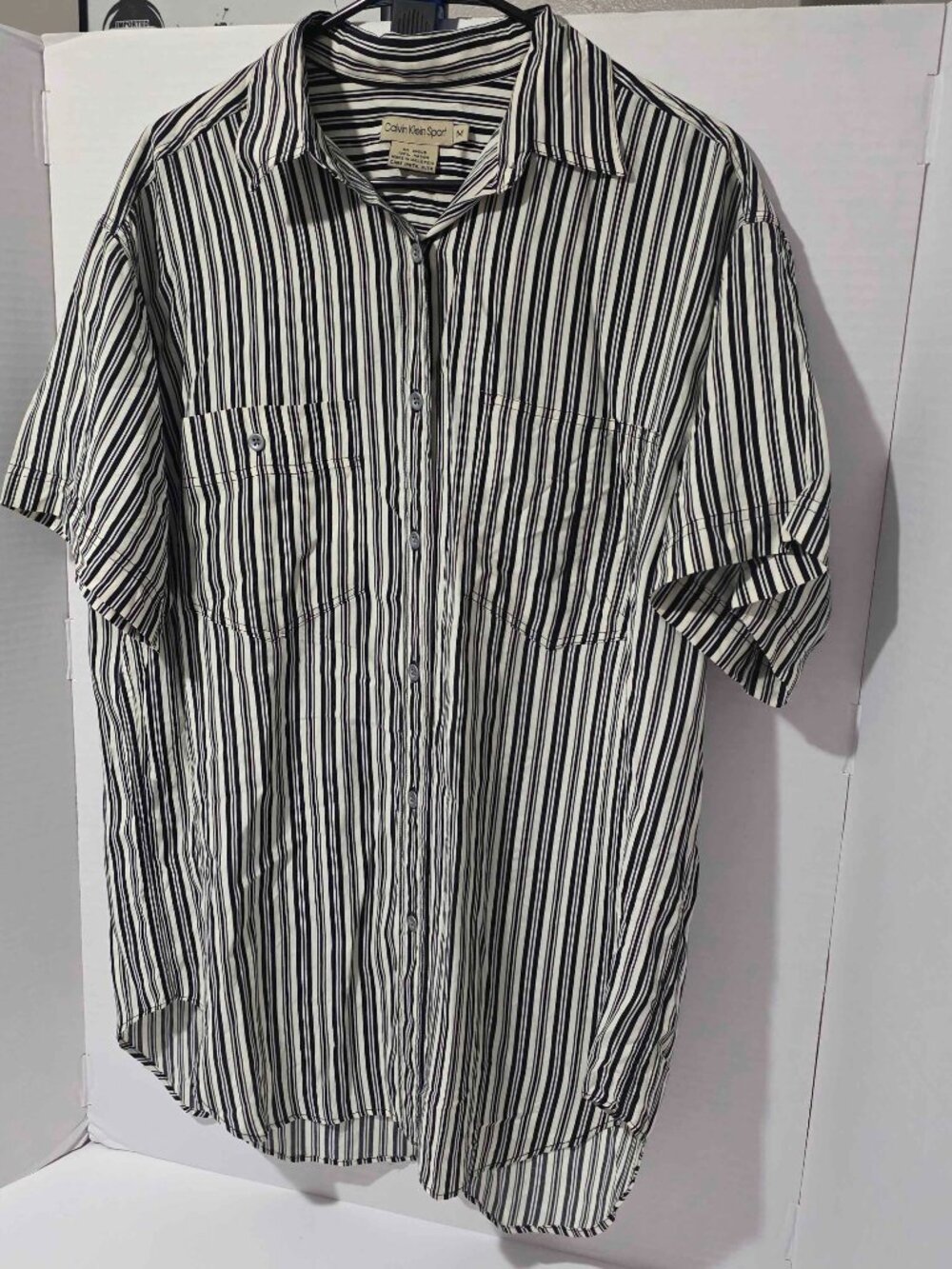 Calvin Klein Sport Vintage Striped Button Up Shirt Black White Size M 90s